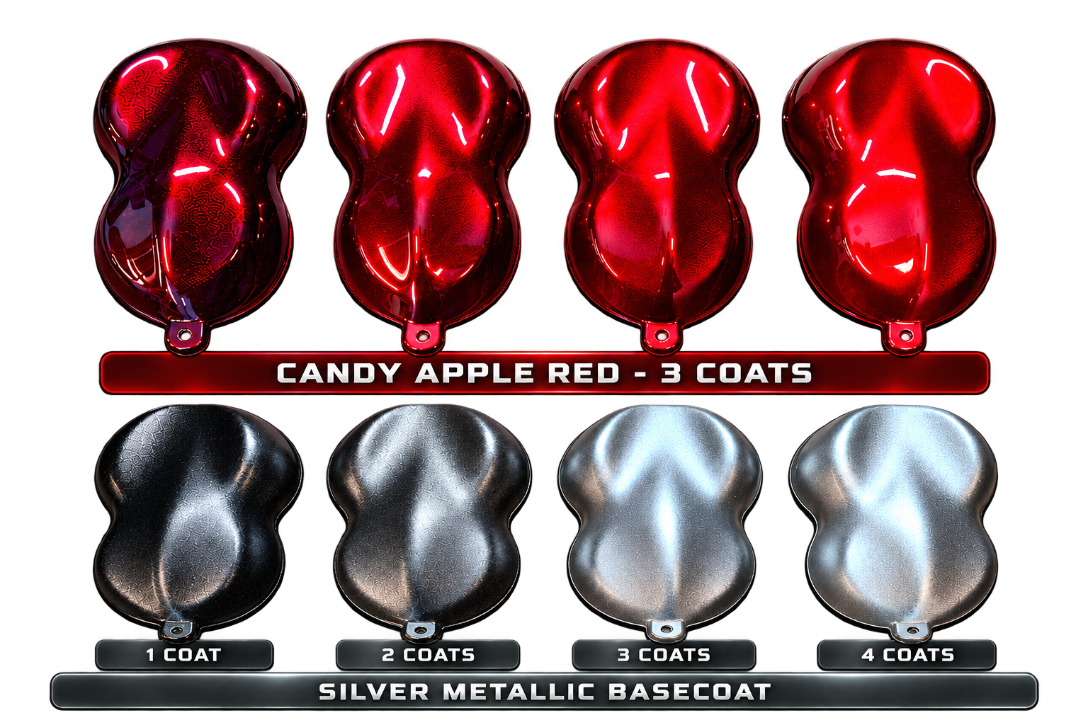 Candy Apple Red candy paint swatches over 1 to 4 coats of silver metallic basecoat, showing darker depth with less basecoat coverage